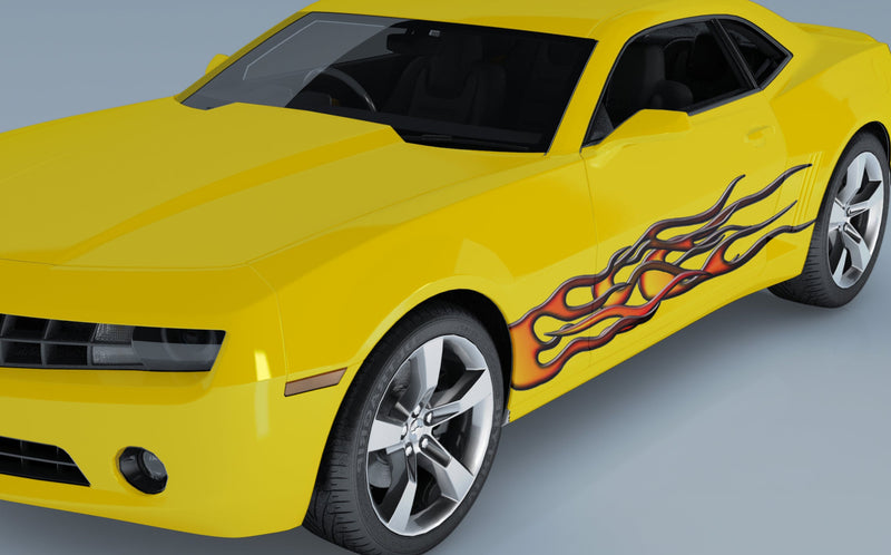 orange fury flames vinyl decal on yellow camaro sports car